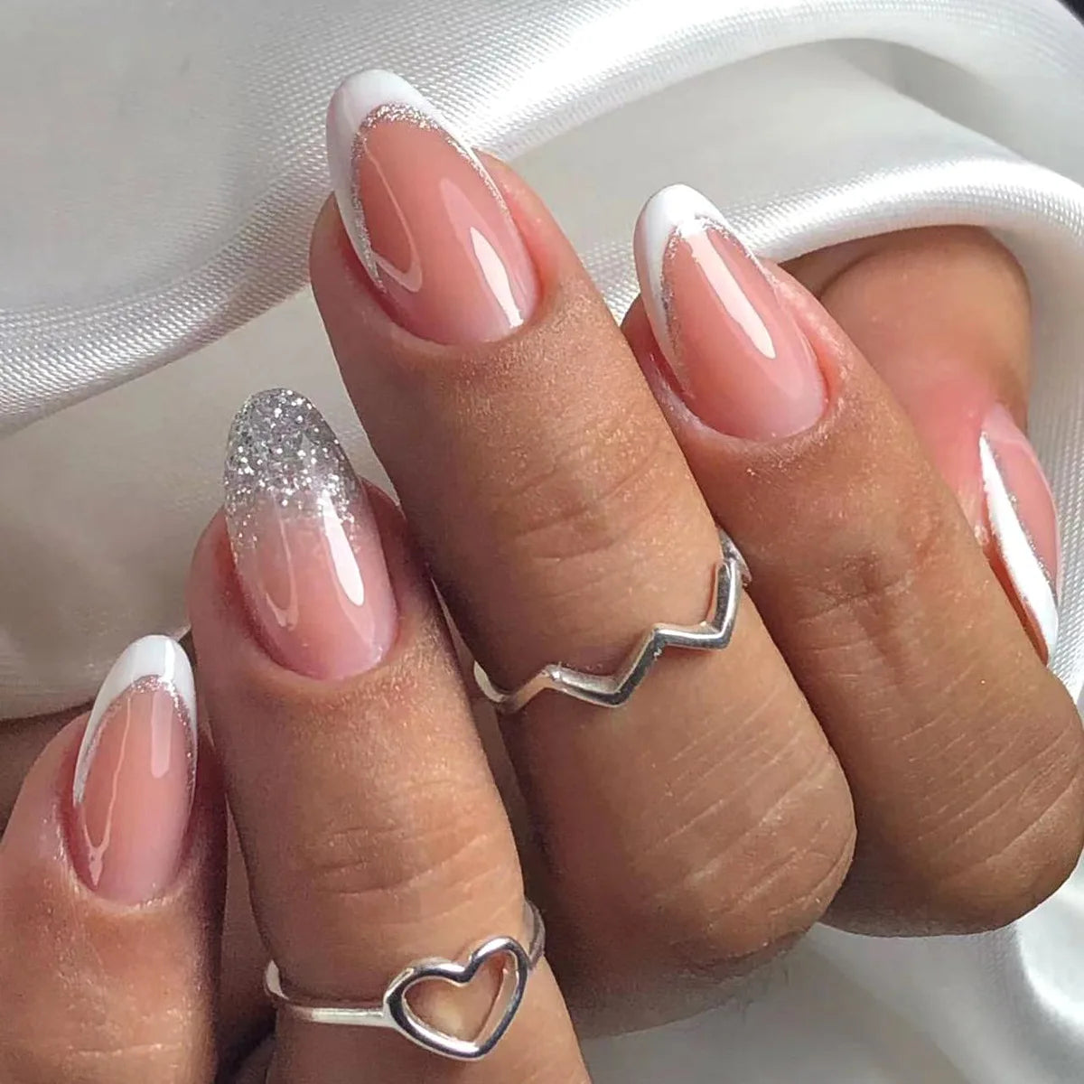 Silver Glitter Accent Ring Finger Oval Nails — Glitter French Tip Nails