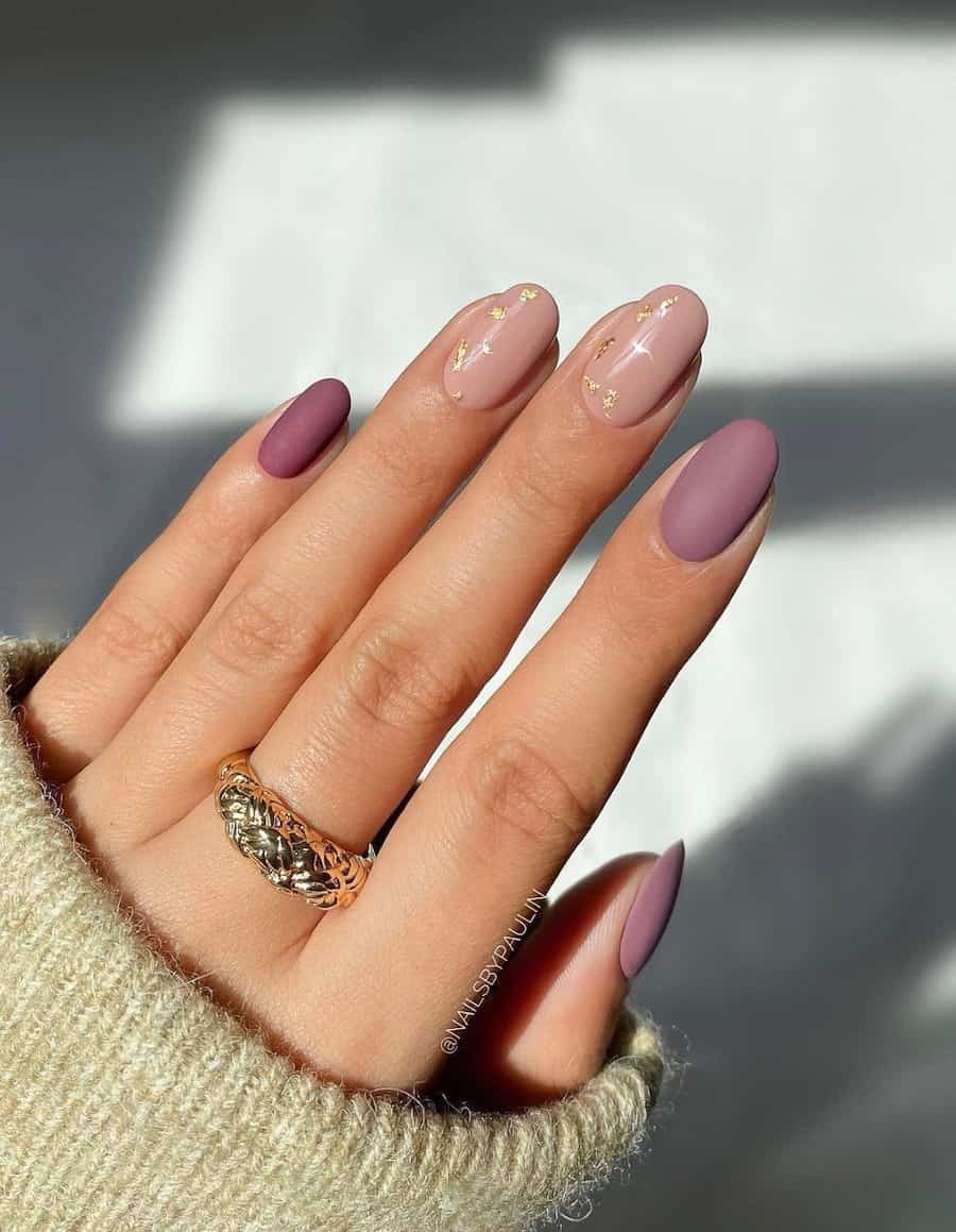 Mixed Finish Dusty Mauve Gold Foil Accents — Mauve Nails