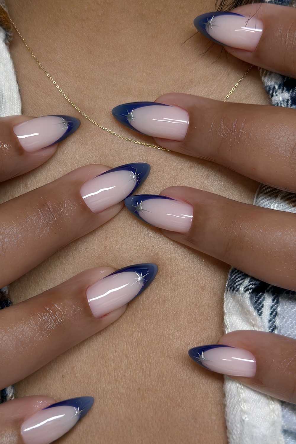 Deep Blue French Tips with Star Foil Accents — Blue French Tip Nails