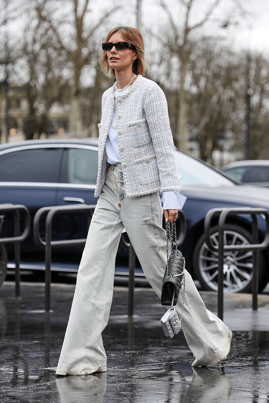 Pastel Tweed Jacket Over White Tee and Light Blue Jeans Pastel Tweed Jacket Over White Tee and Light Blue Jeans — Paris Outfits