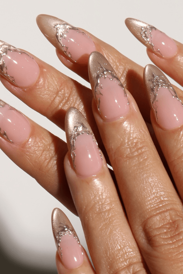 Champagne Silver Abstract French Almonds Champagne Silver Abstract French Almonds — Birthday Nails