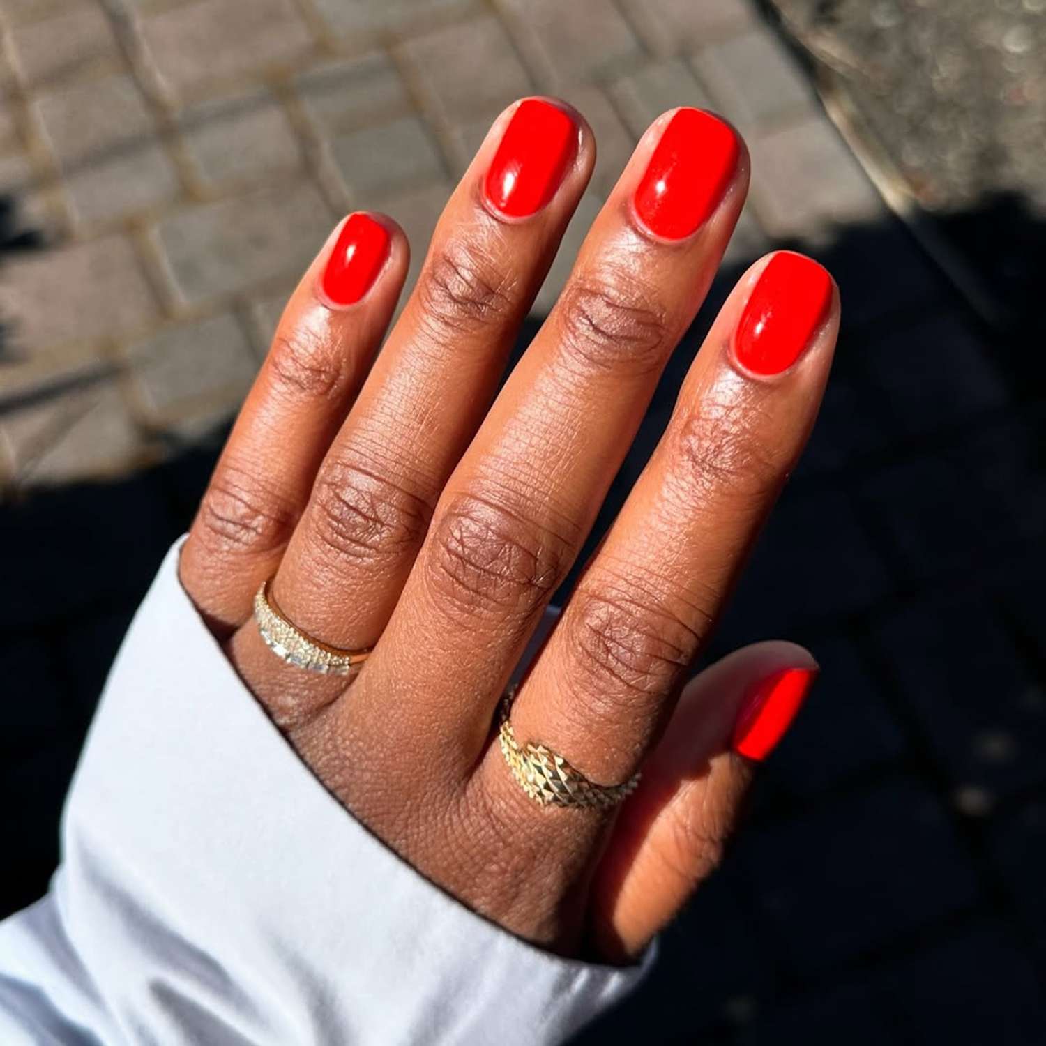 Vibrant Glossy Red Nails — Short Round Nails