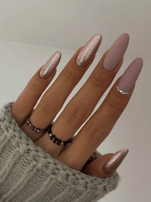 Matte Dusty Rose and Glitter Rose Gold Stilettos Matte Dusty Rose and Glitter Rose Gold Stilettos — Rose Gold Nails
