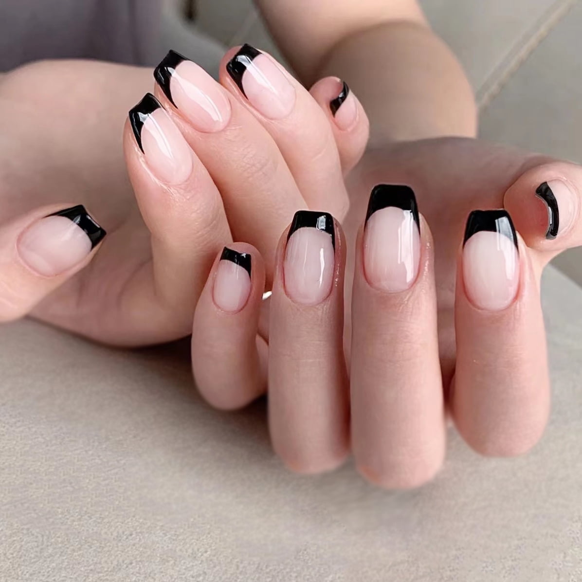 Sharp Black French Tips — Short Square Nails