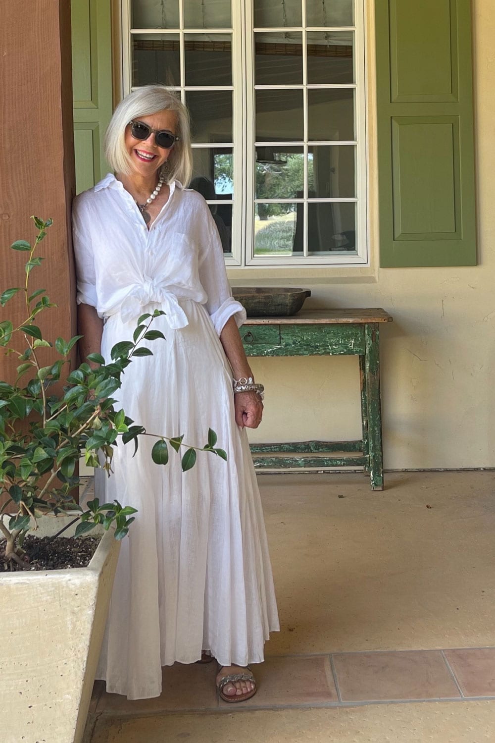 Flowing White Maxi Dress with Tied Linen Shirt Flowing White Maxi Dress with Tied Linen Shirt — Coastal Grandmother Outfits