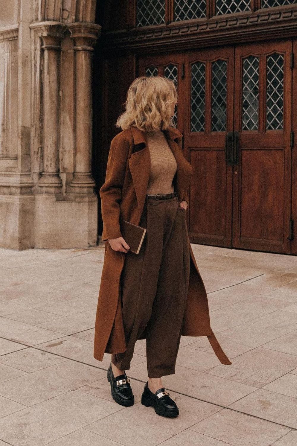 Camel Turtleneck and Trousers Under a Flowing Wool Coat — Light Academia Outfits