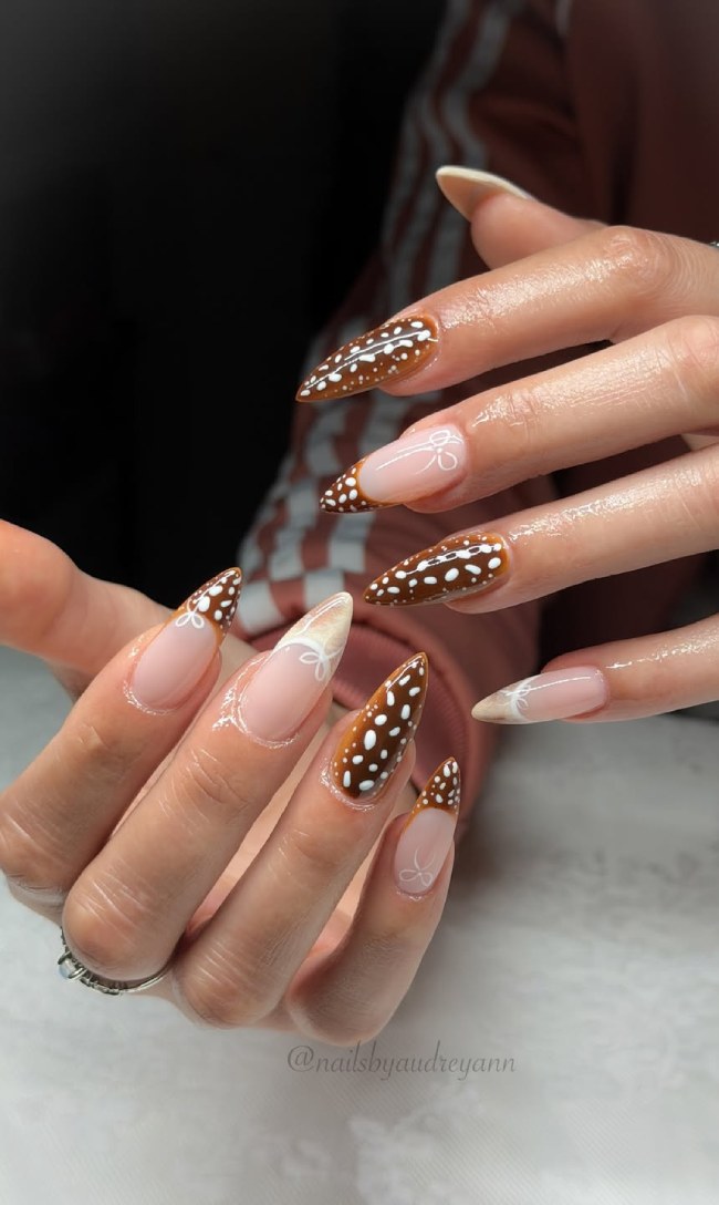 Cute Fawn Print French Stiletto Nails — Long Acrylic Nails