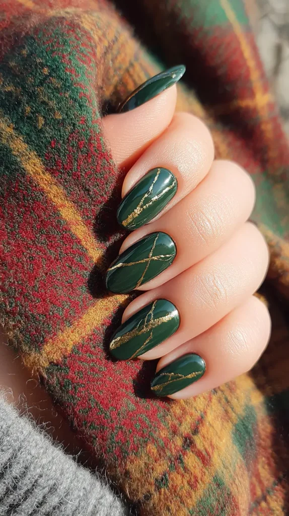 Deep Green Marbled Gold Line Nails — Green Nails