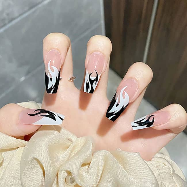 Long Coffin Flame Design Nails Long Coffin Flame Design Nails — Black and White Nails