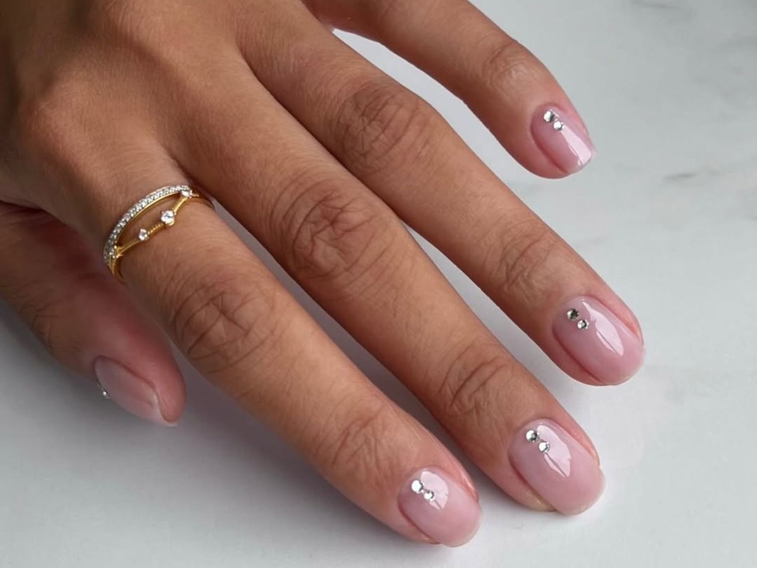 Sheer Pink Rhinestone Accent Nails — Nails for Women Over 60