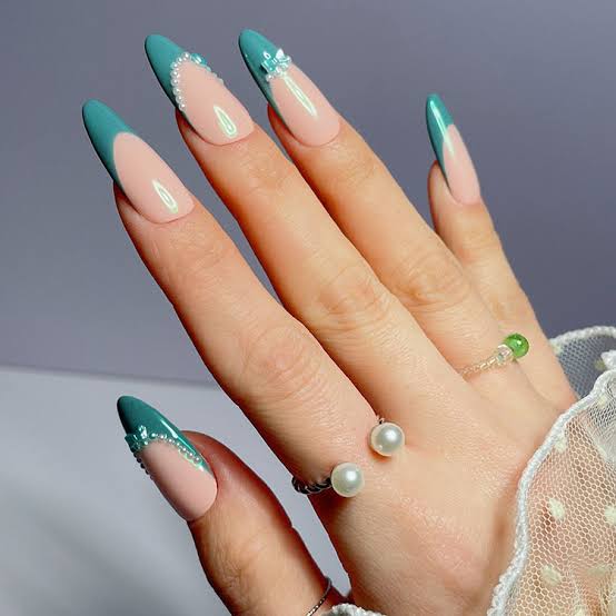 Teal French Tip Pearl Accent Nails — Teal Nails