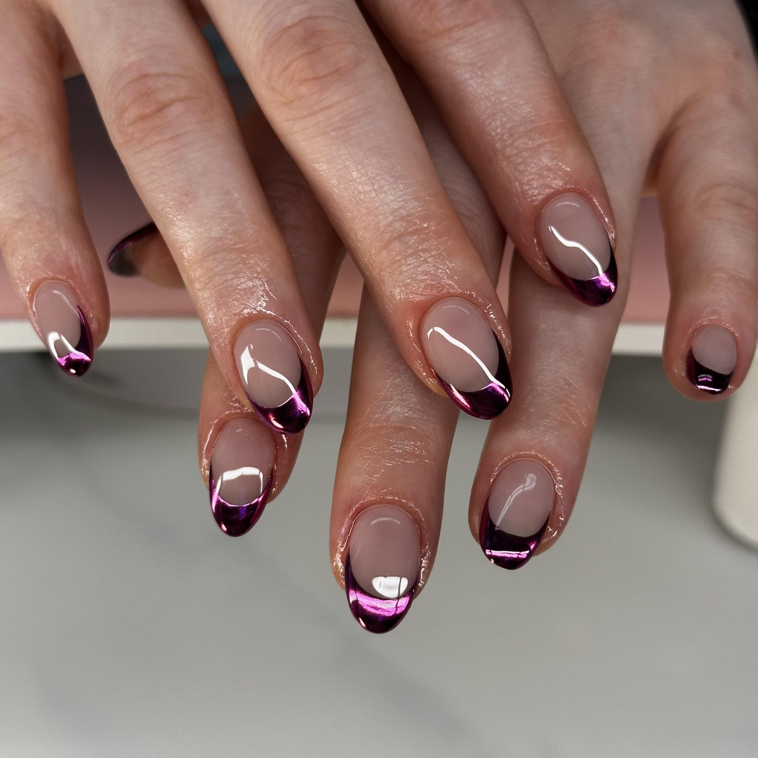 Bold Pink Chrome French Ovals — Chrome French Tip Nails
