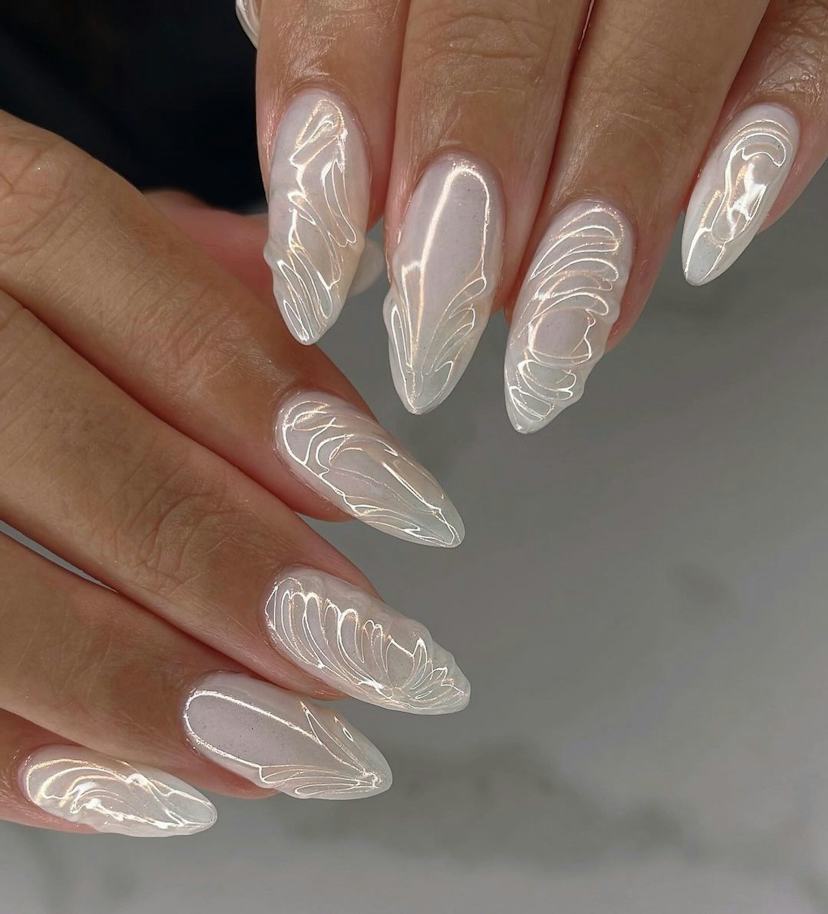 Milky White Abstract Line Art Chrome Milky White Abstract Line Art Chrome — White Chrome Nails