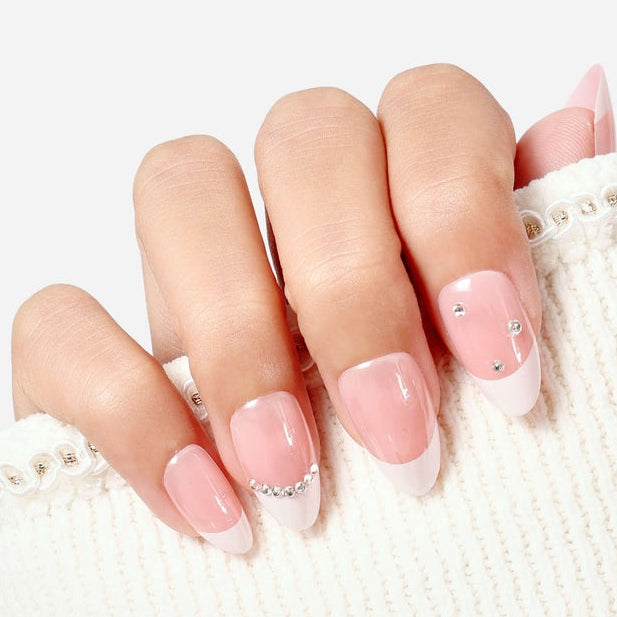 Medium Almond French with Rhinestone Accents — Press On Nails
