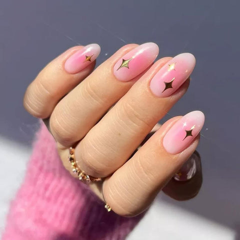 Pink White Gradient with Gold Star Decals — Aura Nails