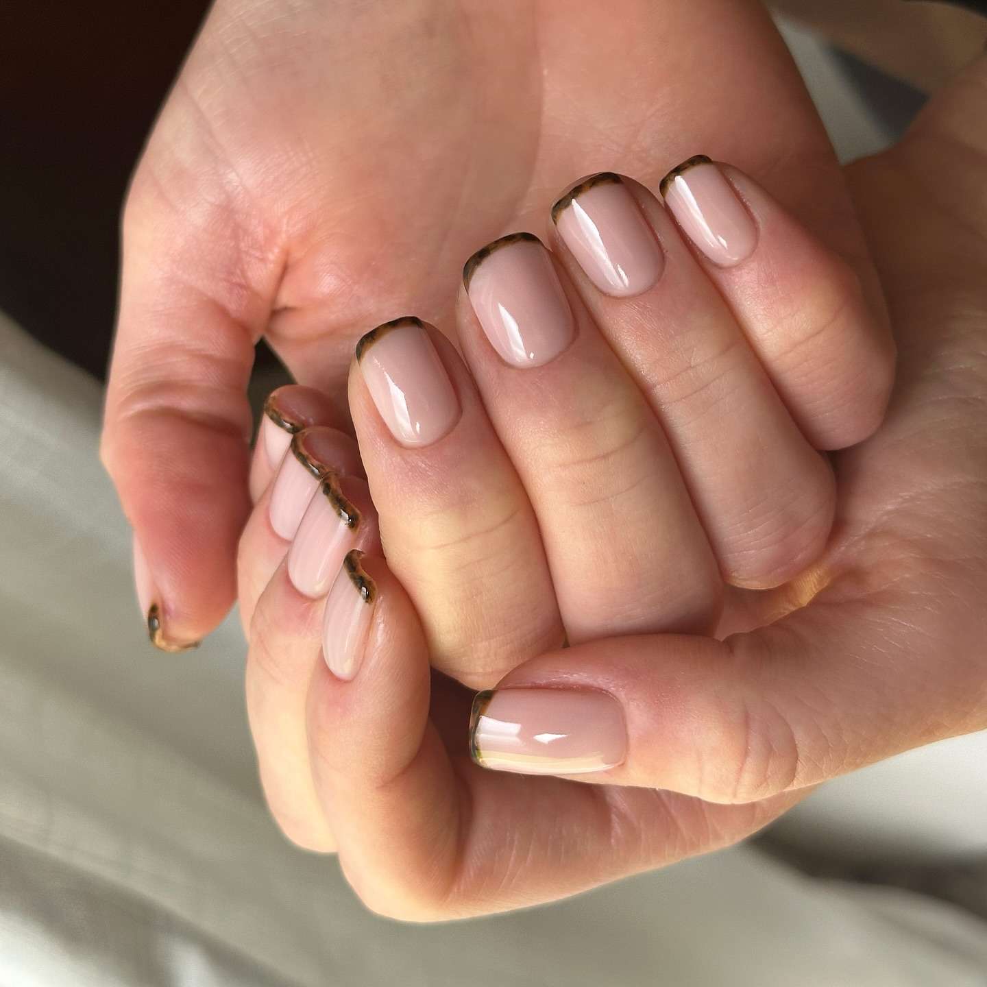 Nude With Metallic Brown And Gold Tips — Very Short Nails