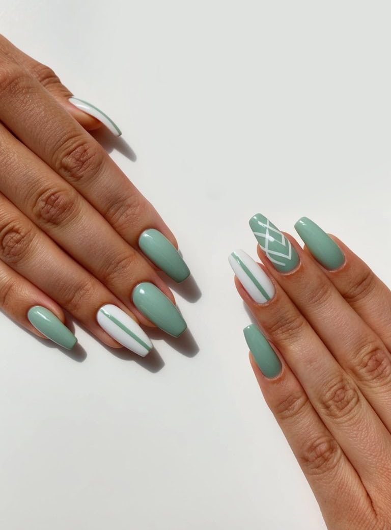 Geometric White Sage Green Coffin Geometric White Sage Green Coffin — Sage Green Nails