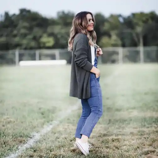 Longline Cardigan over Overalls and Sneakers — Soccer Mom Outfits