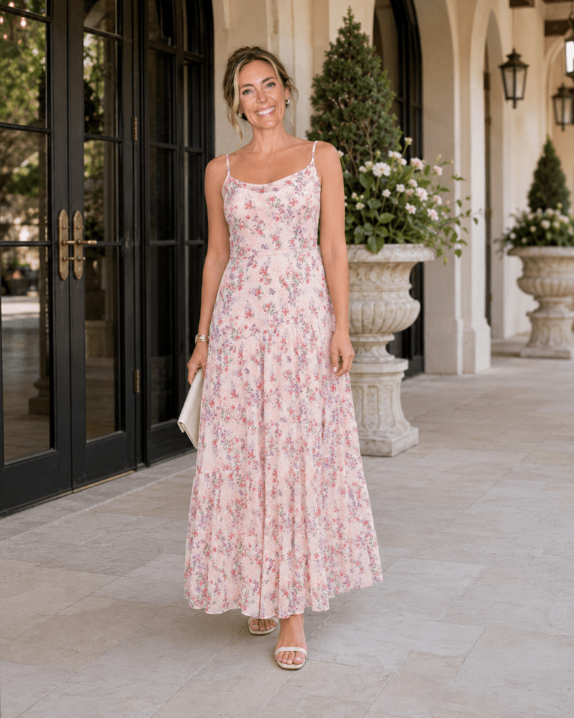 Sweet Florals: Pink Spaghetti Strap Maxi Dress Sweet Florals: Pink Spaghetti Strap Maxi Dress — Wedding Guest Outfits