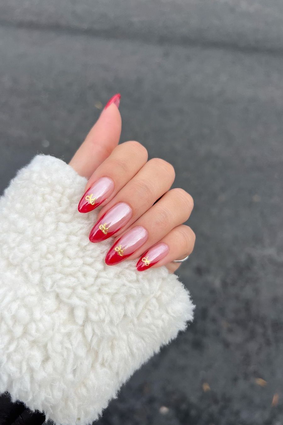 Red French Tip Oval Nails with Gold Bow Charms Red French Tip Oval Nails with Gold Bow Charms — Coquette Nails