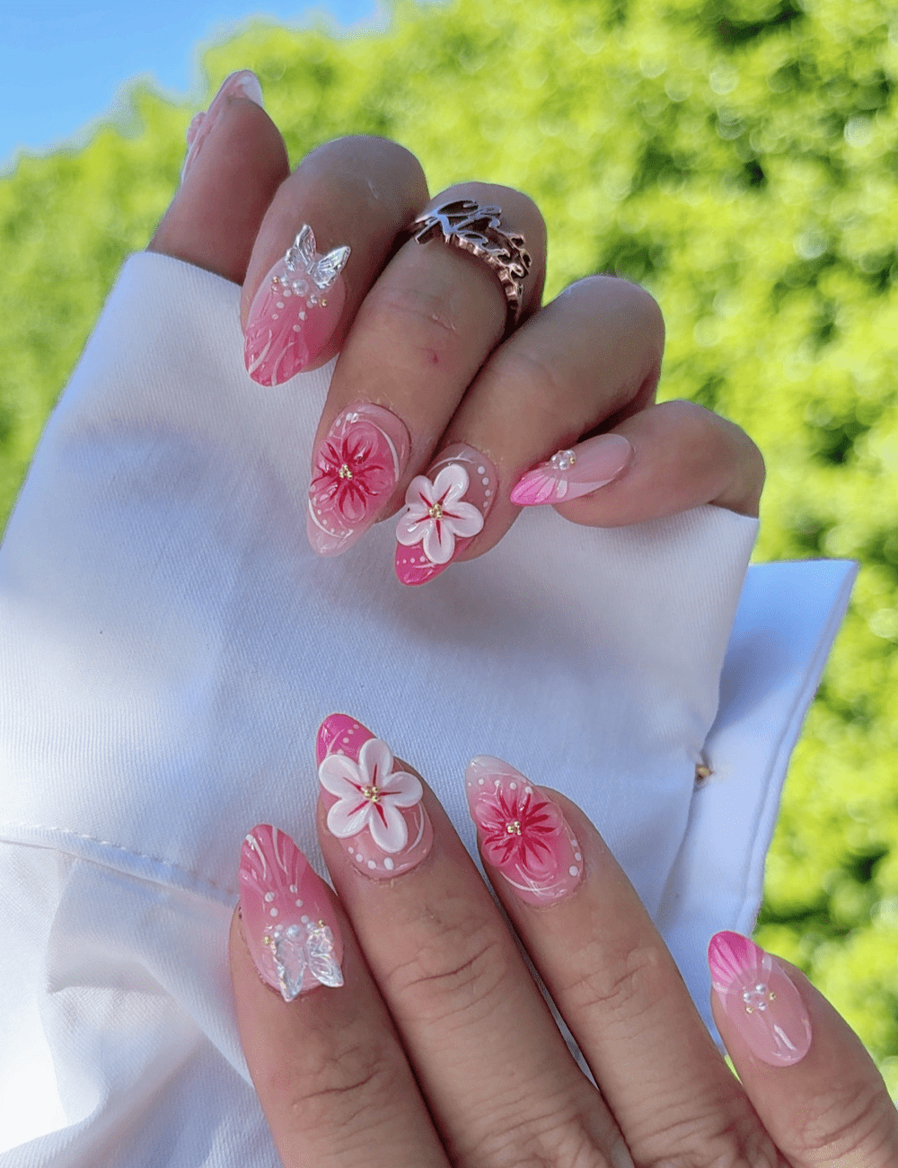 Short Almond French with 3D Pink Flowers Short Almond French with 3D Pink Flowers — Flower Nails