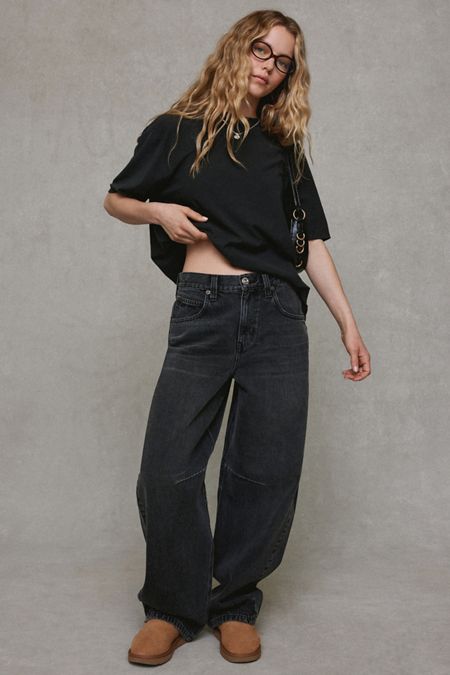 Oversized Grey Denim Jeans with Black T-shirt and Tan Loafers Oversized Grey Denim Jeans with Black T-shirt and Tan Loafers — Going Out Outfits