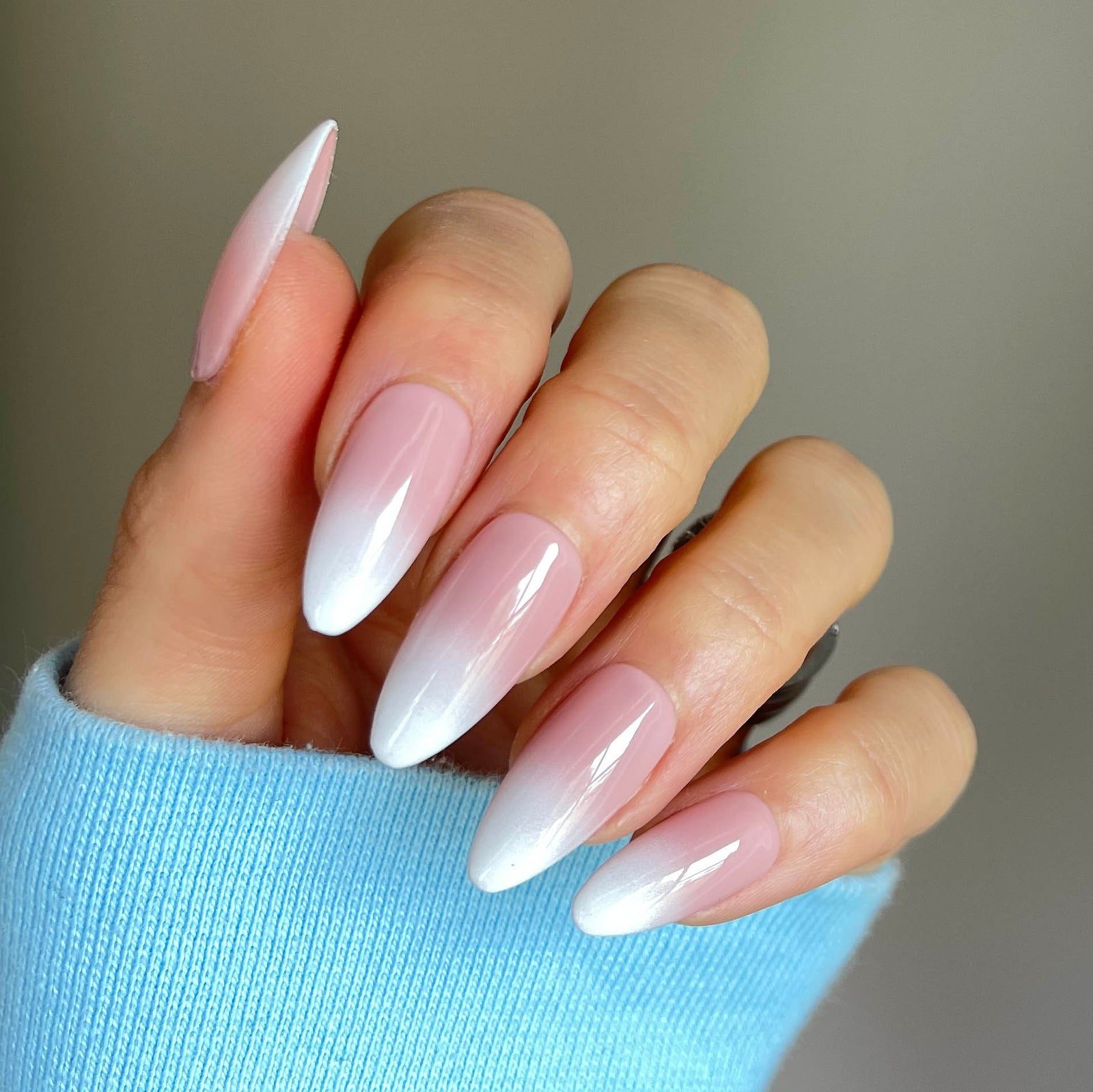 Smooth Pink to White Ombre Almonds — Pink and White Nails
