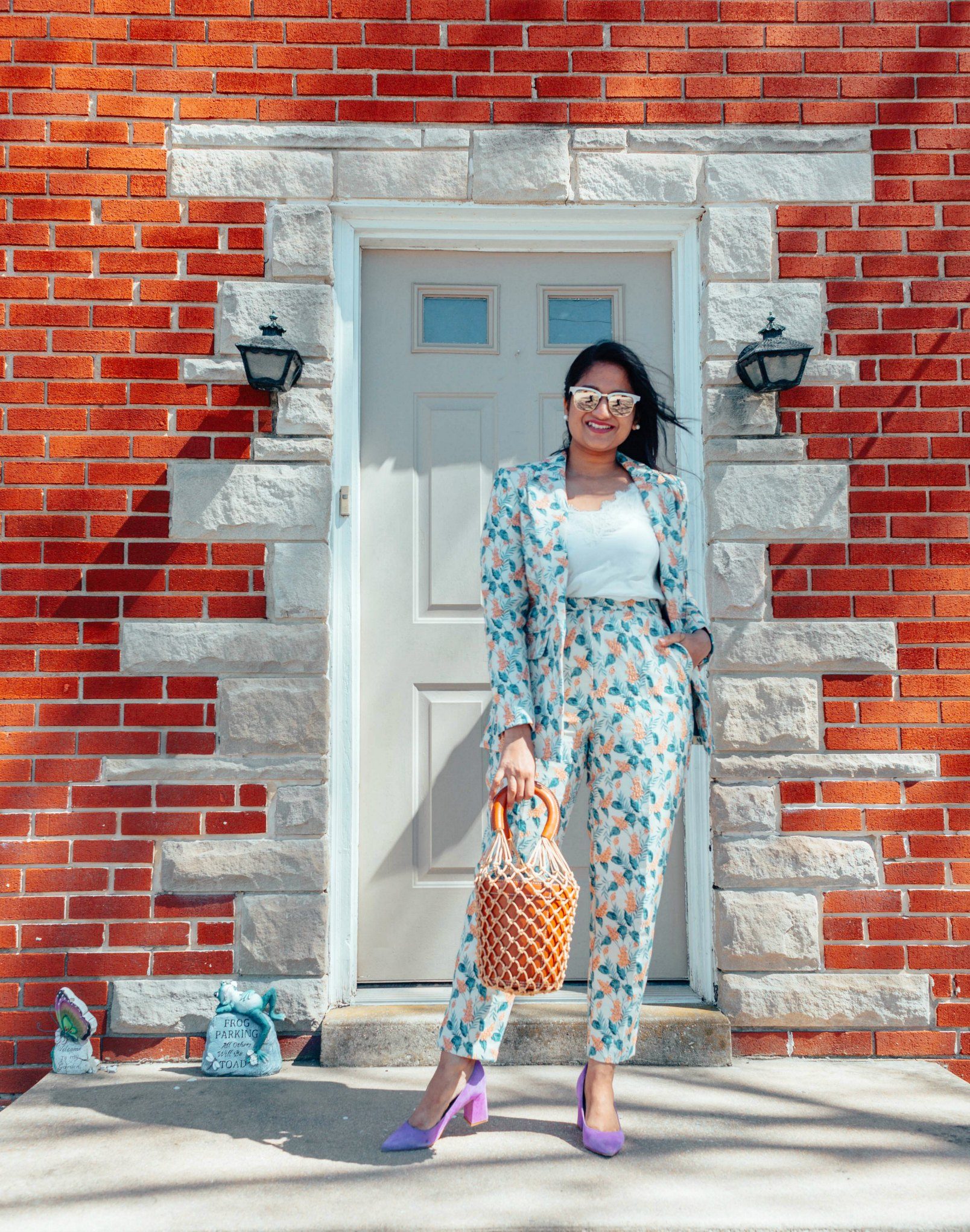 Vibrant Floral Suit with Purple Heels for Casual Outings Vibrant Floral Suit with Purple Heels for Casual Outings — Modest Outfits