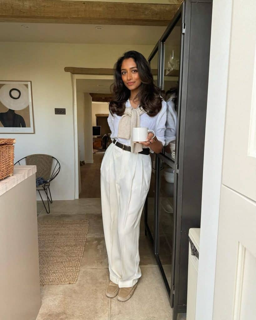 Casual Daytime Light Blue Shirt, White Trousers, and Draped Beige Sweater — Minimalist Outfits