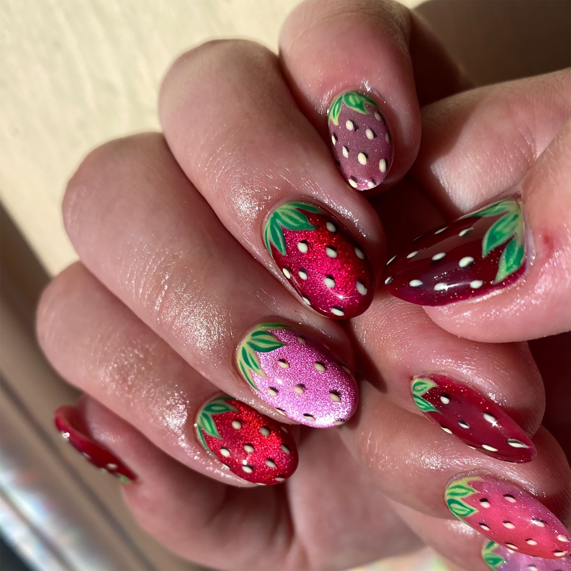 Sparkling Strawberry Designs Medium Almonds Sparkling Strawberry Designs Medium Almonds — Cute Nails