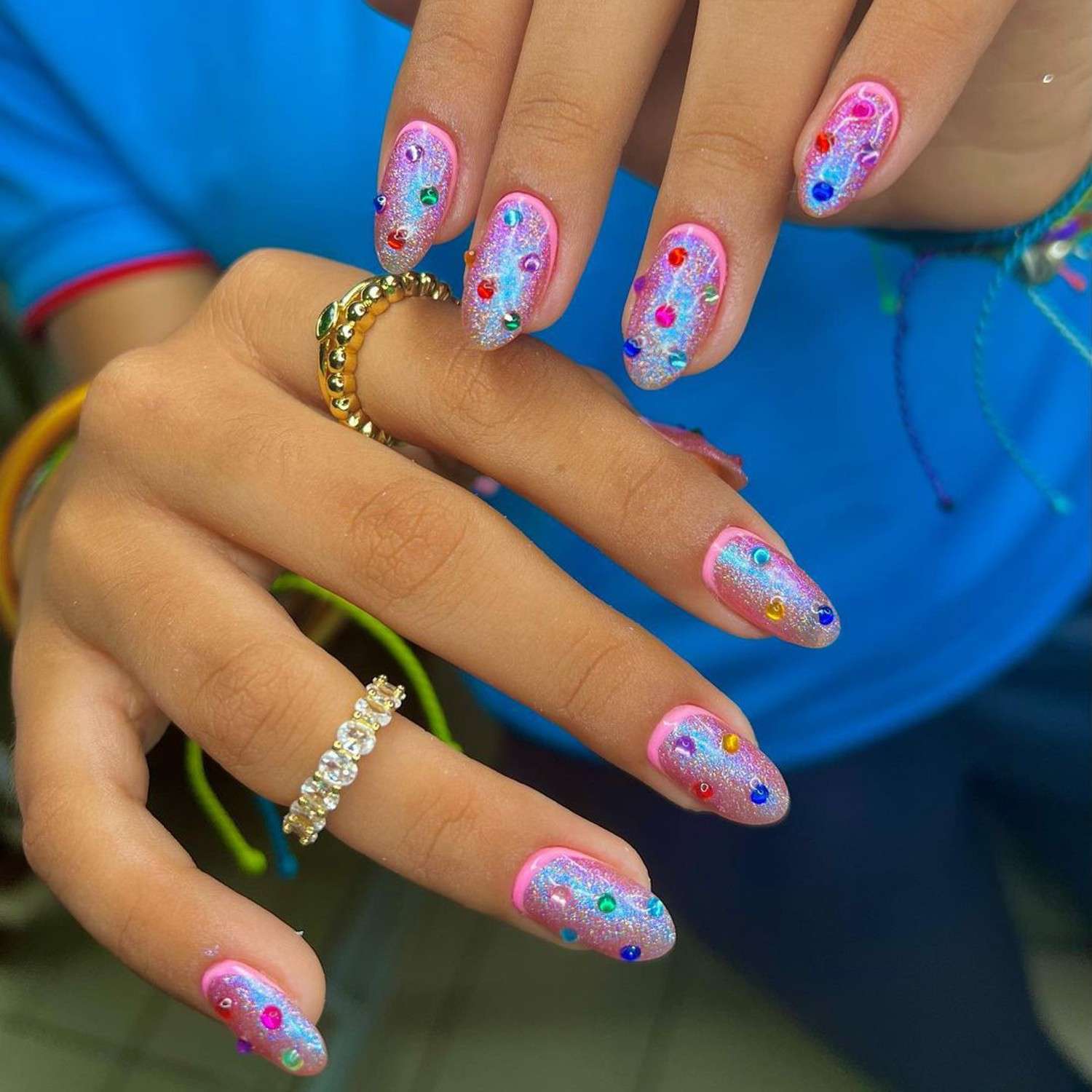 Shimmering Pink Rhinestone Almond Nails Shimmering Pink Rhinestone Almond Nails — Birthday Nails