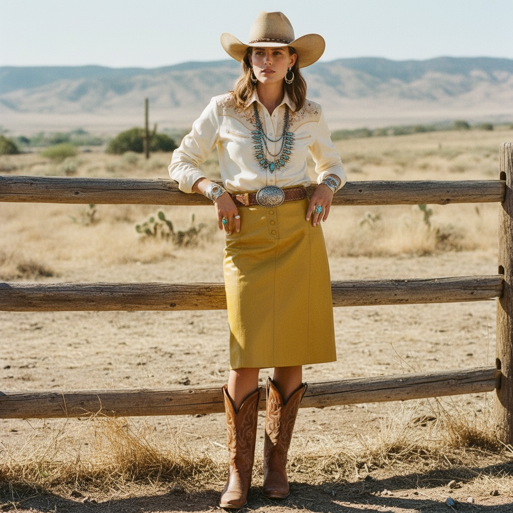 Embroidered Shirt with Leather Midi Skirt and Turquoise Jewelry Embroidered Shirt with Leather Midi Skirt and Turquoise Jewelry — Western Outfits