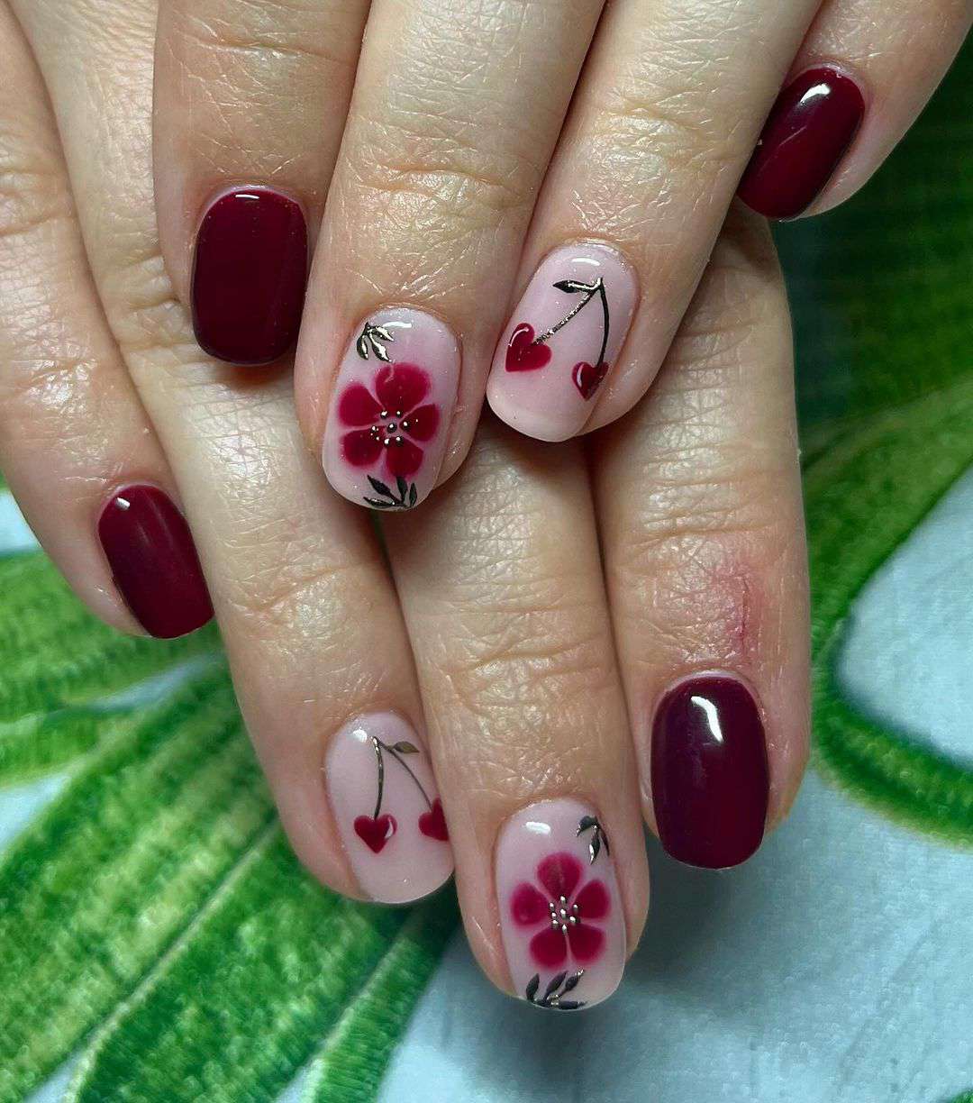 Short Oval Sheer Pink With Floral And Cherry Mix Short Oval Sheer Pink With Floral And Cherry Mix — Cherry Nails
