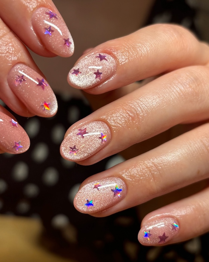 Pale Pink Holographic Star Glitter Nails Pale Pink Holographic Star Glitter Nails — Star Nails