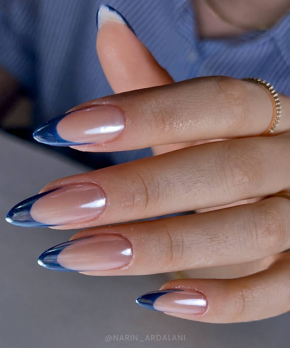 Deep Blue French Almond Nails — Blue French Tip Nails
