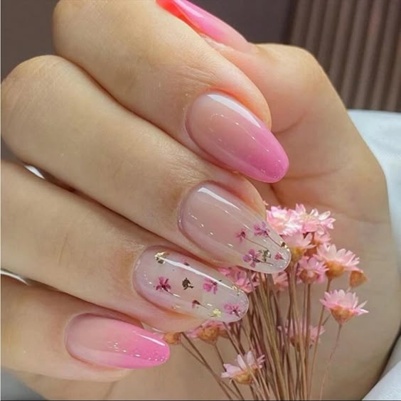 Pink Gradient Floral Almonds with Gold Foil Pink Gradient Floral Almonds with Gold Foil — Date Night Nails