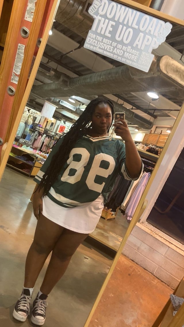 Oversized Football Jersey with White Mini Skirt Oversized Football Jersey with White Mini Skirt — Jersey Outfits