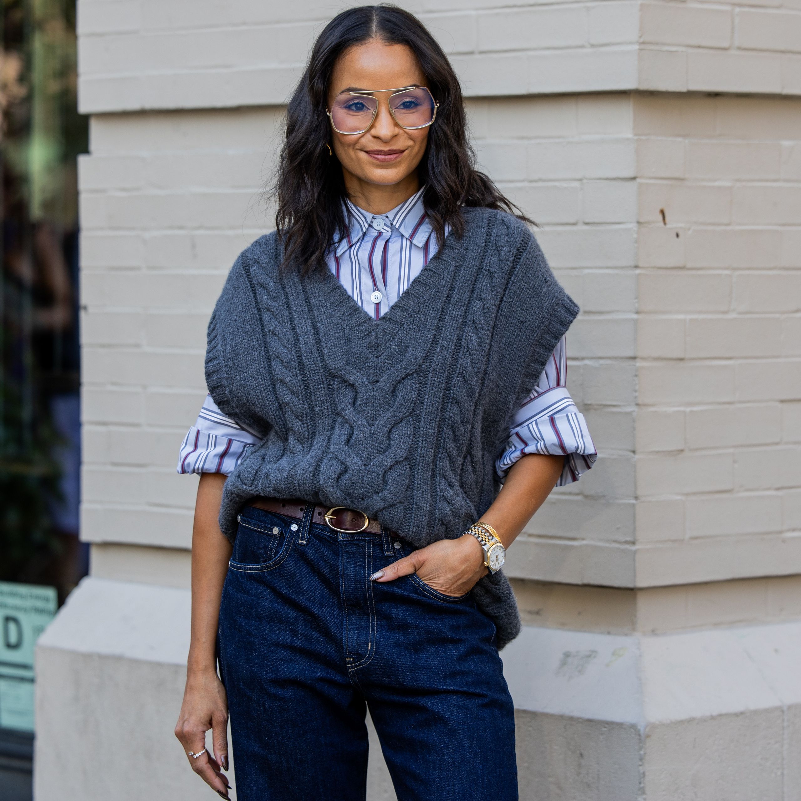 Cable-Knit Vest and Stripes: Preppy Downtown Layering Cable-Knit Vest and Stripes: Preppy Downtown Layering — Downtown Girl Outfits