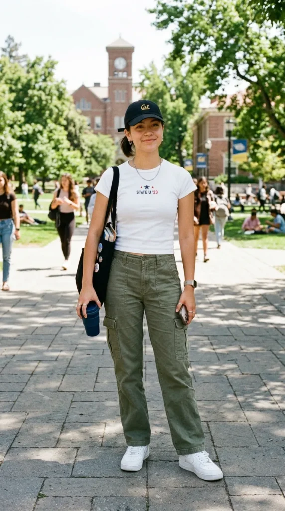 Graphic 'State U' T-Shirt and Cargo Pants for an Academic Vibe Graphic 'State U' T-Shirt and Cargo Pants for an Academic Vibe — College Outfits
