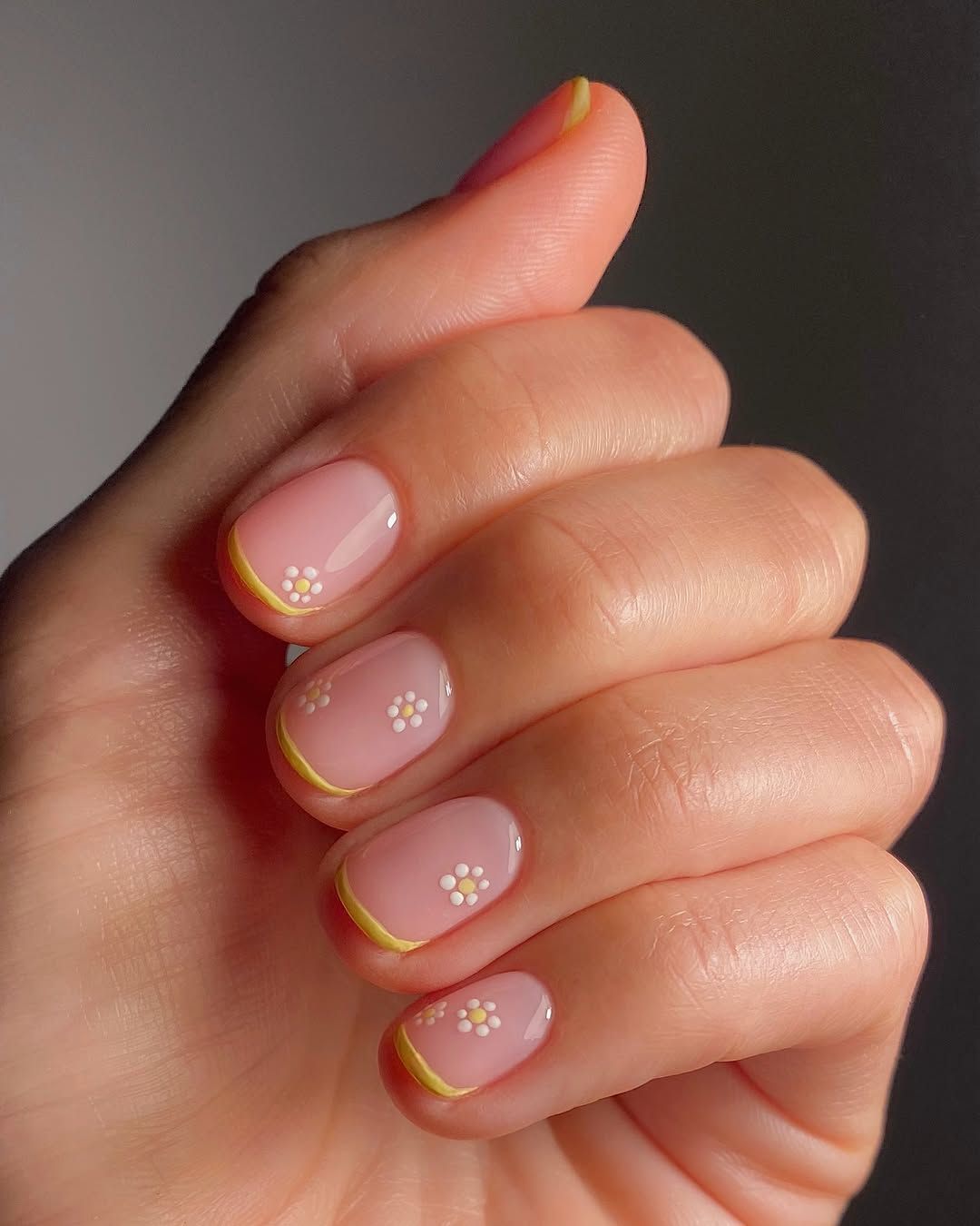 Short Round Yellow French Floral Nails — Nails for Teens