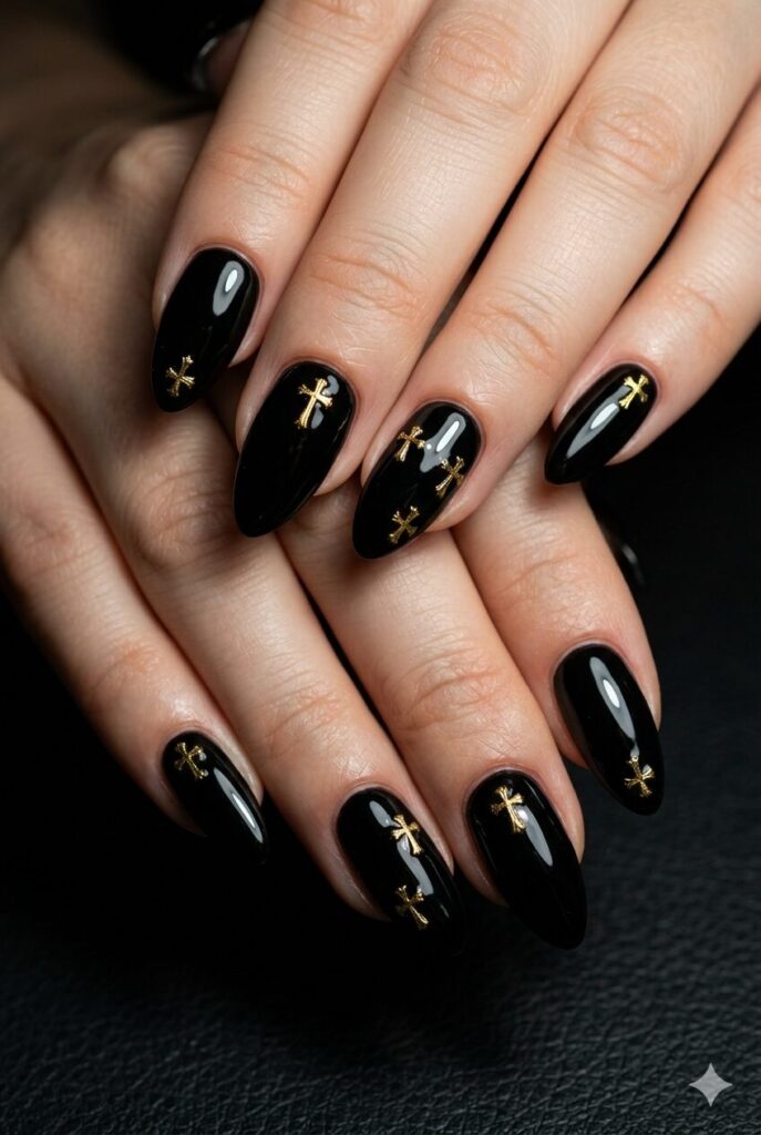 Glossy Black with Gold Cross Charms — Black and Gold Nails