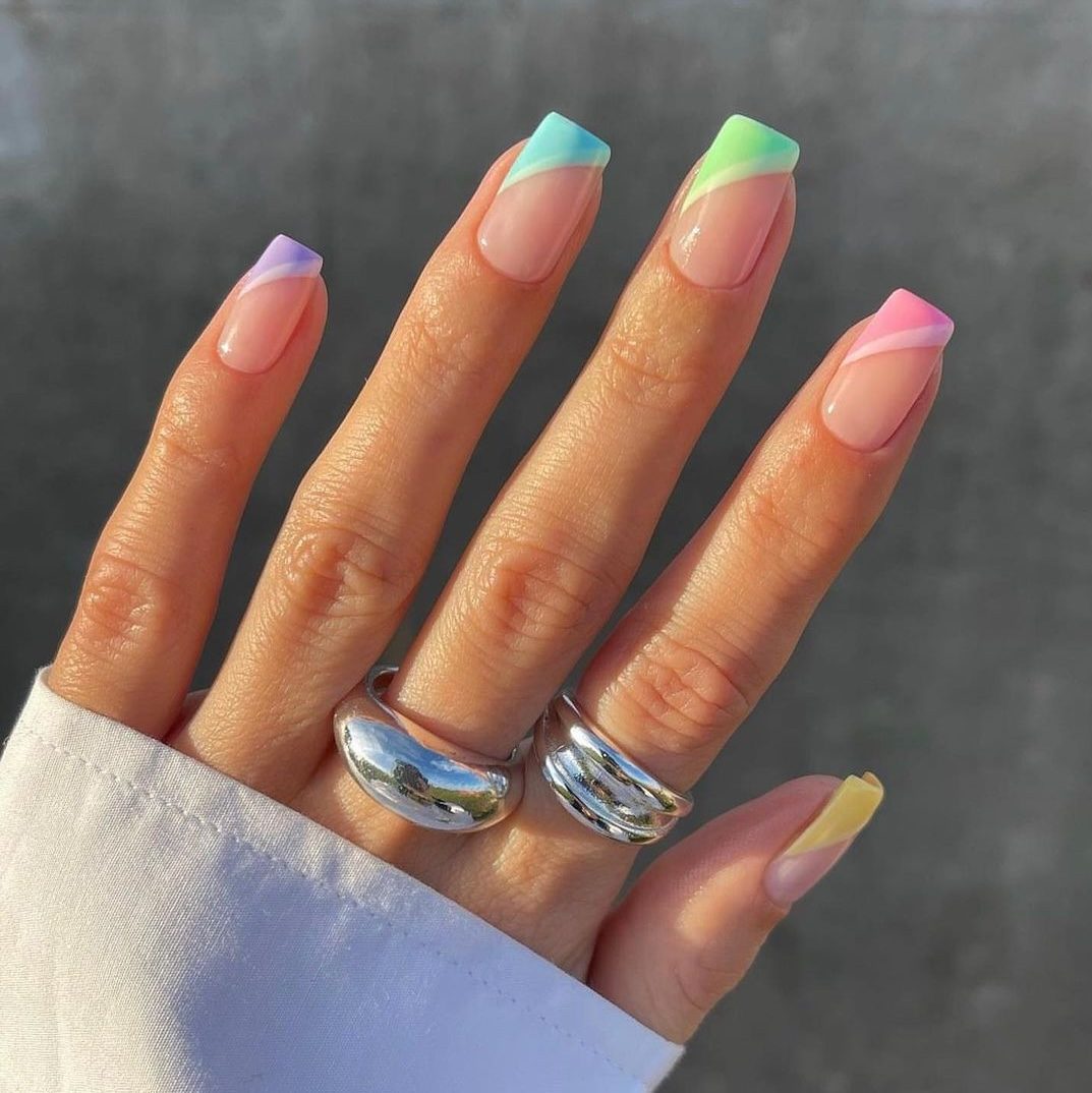 Pastel Rainbow Gradient Square French Tips — Rainbow Nails