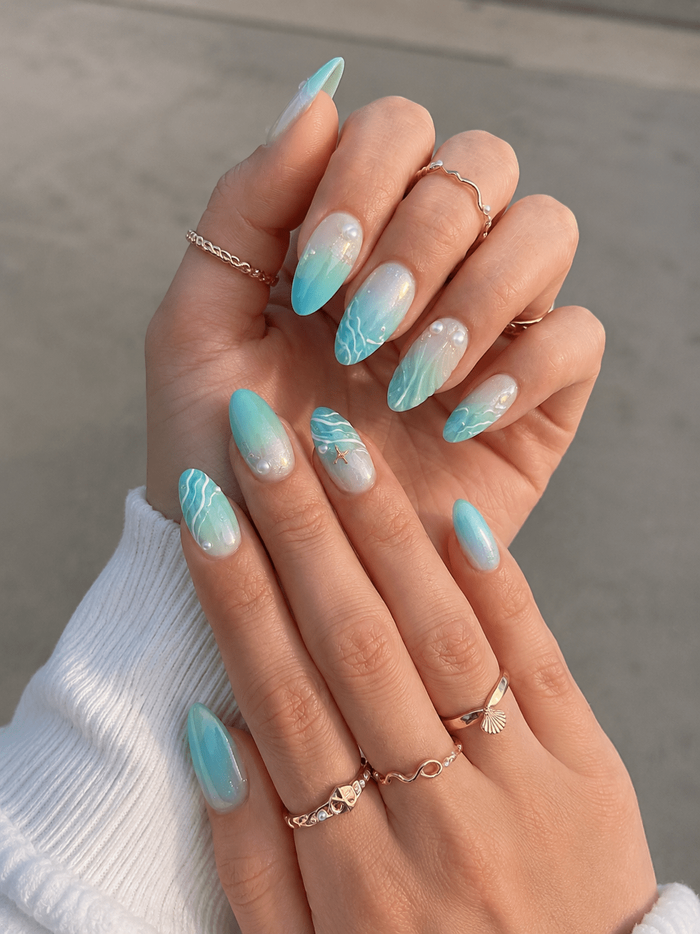 Turquoise Aqua Wave Pearl Nails Turquoise Aqua Wave Pearl Nails — Mermaid Nails
