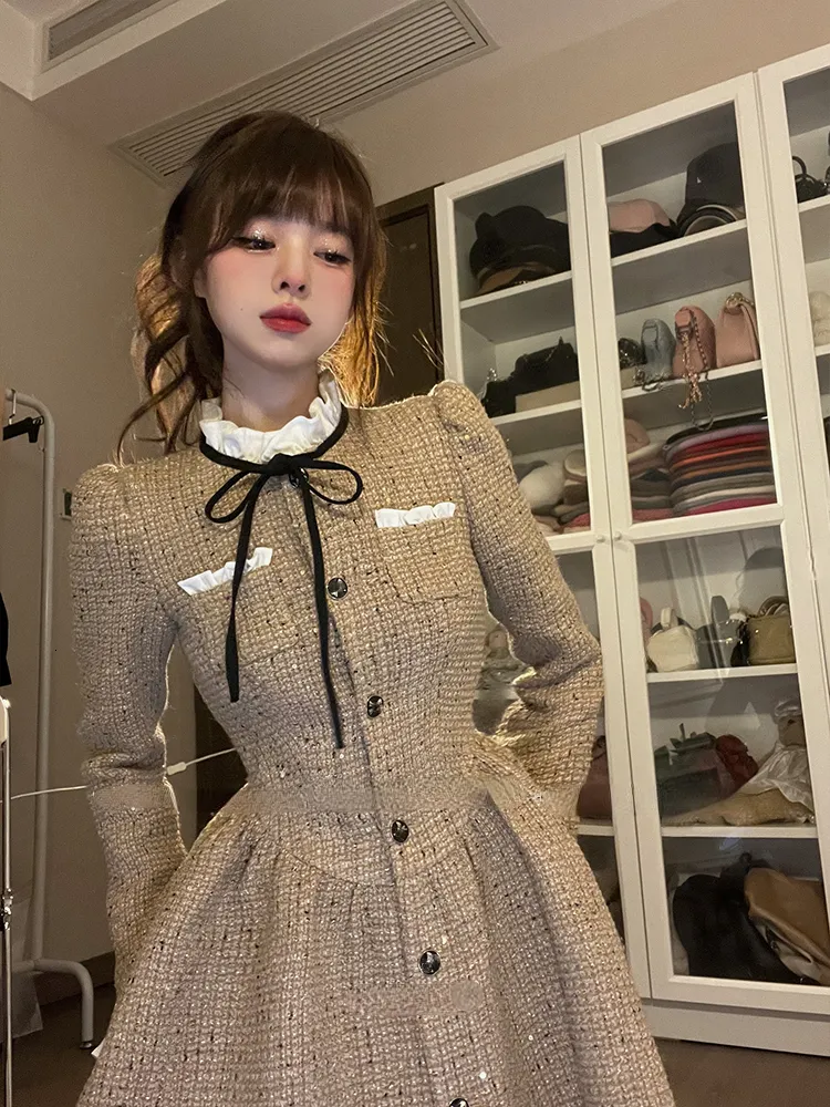 Beige Tweed Dress with Black Bow Detail Beige Tweed Dress with Black Bow Detail — Korean Outfits