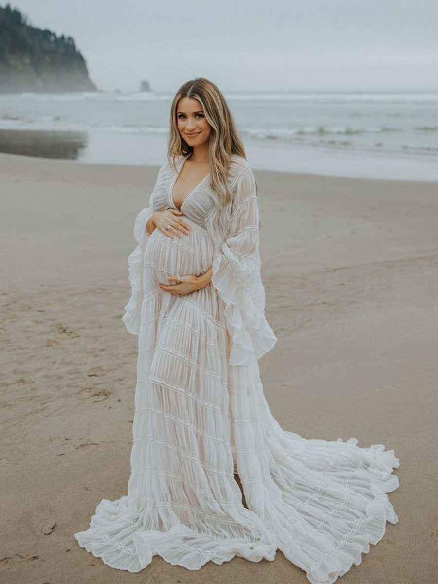 Boho Maternity Photoshoot Dress 2 Piece Set | Elegant Slip Bohemian Pregnancy Photography Outfit 8-10 / Khaki