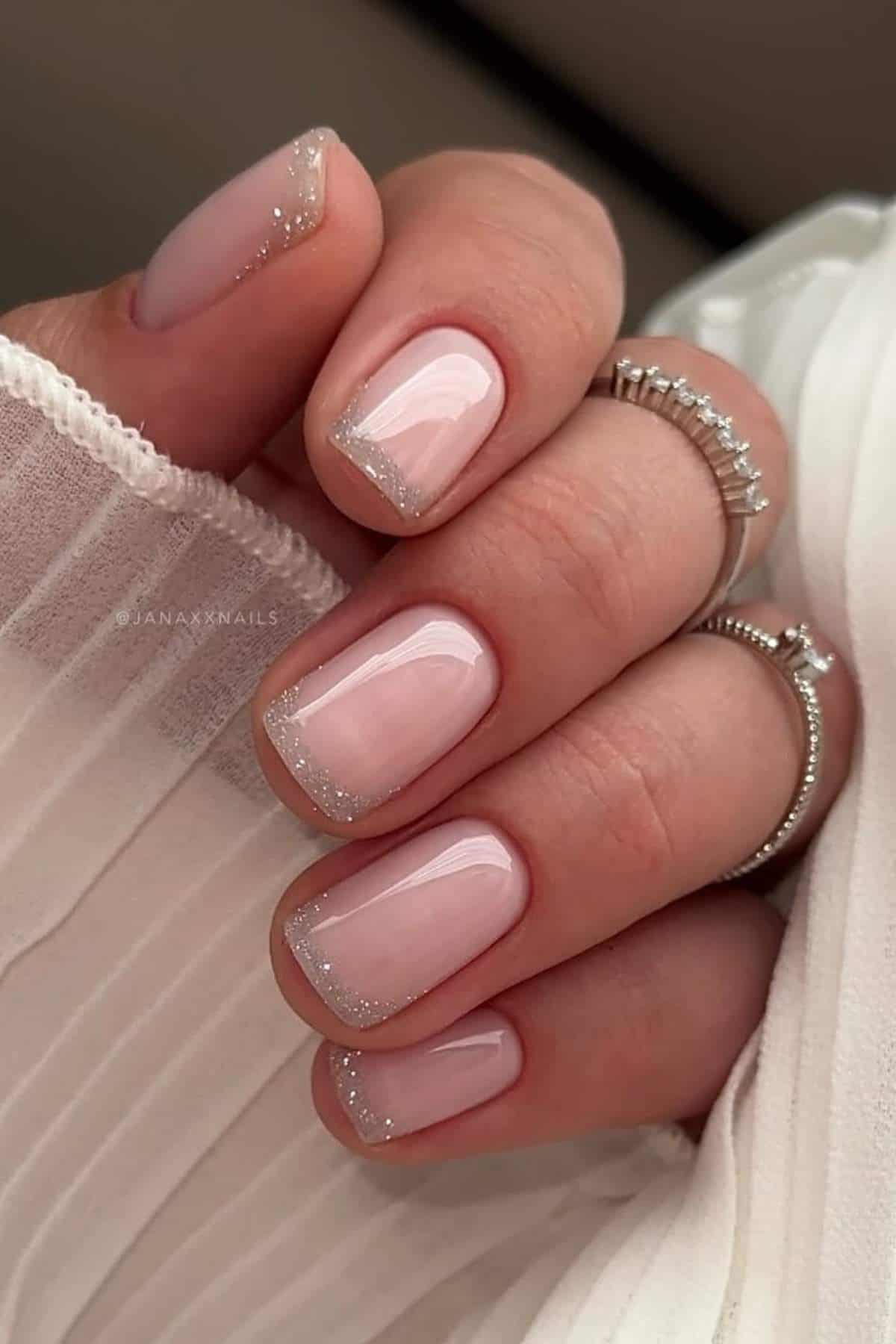 Short Square Pink Glitter French Tips — Prom Nails