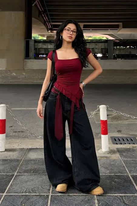 Asymmetrical Top with Extremely Wide-Leg Denim Pants Asymmetrical Top with Extremely Wide-Leg Denim Pants — Baddie Outfits