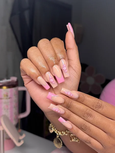 Long Square Pink Floral 3D — Square Nails