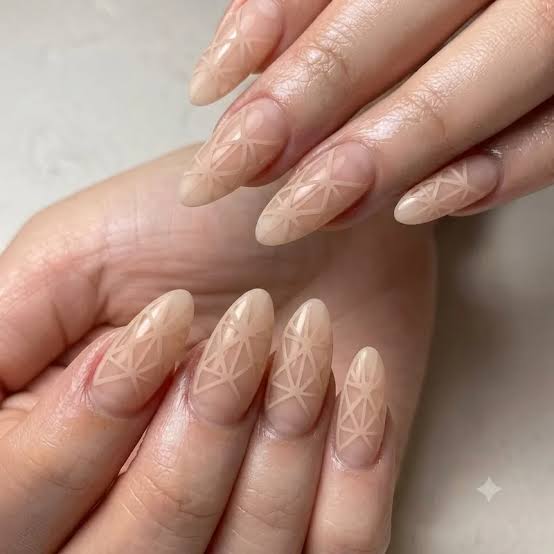 Glossy Beige Geometric Lines on Nude Glossy Beige Geometric Lines on Nude — Negative Space Nails