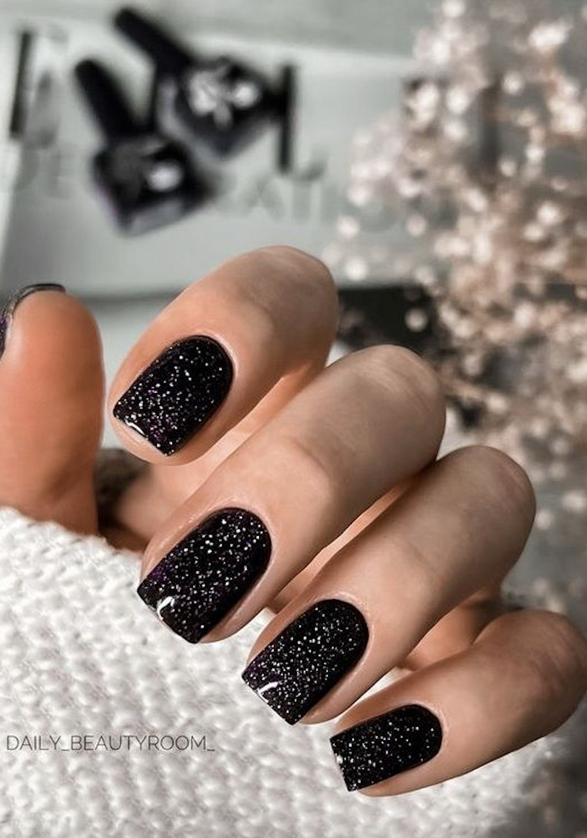Dense Black Glitter Short Square — Classy Short Nails